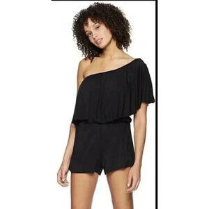 NWT Trina Turk Size XS Black Sunshine One Shoulder Ruffled Short Romper Cover Up